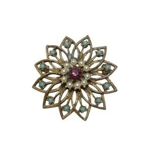 Unique Flower Brooch with Turquoise, Pearl, and Amethyst Colored Beads and Glass